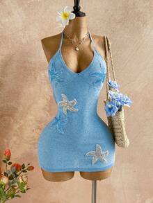 Soleia Vestido mini de escote cuadrado, ajustado y con lentejuelas con forma de estrella de mar, estilo vacacional, sexy y encantador, adecuado para primavera/verano - Celeste - Ver 6