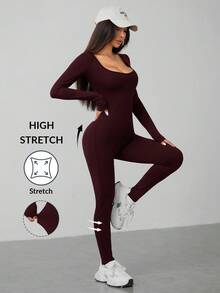 SHEIN PETITE Spring Scoop Neck Black Long Sleeve Bodysuit Jumpsuit - Red Violet - View 1