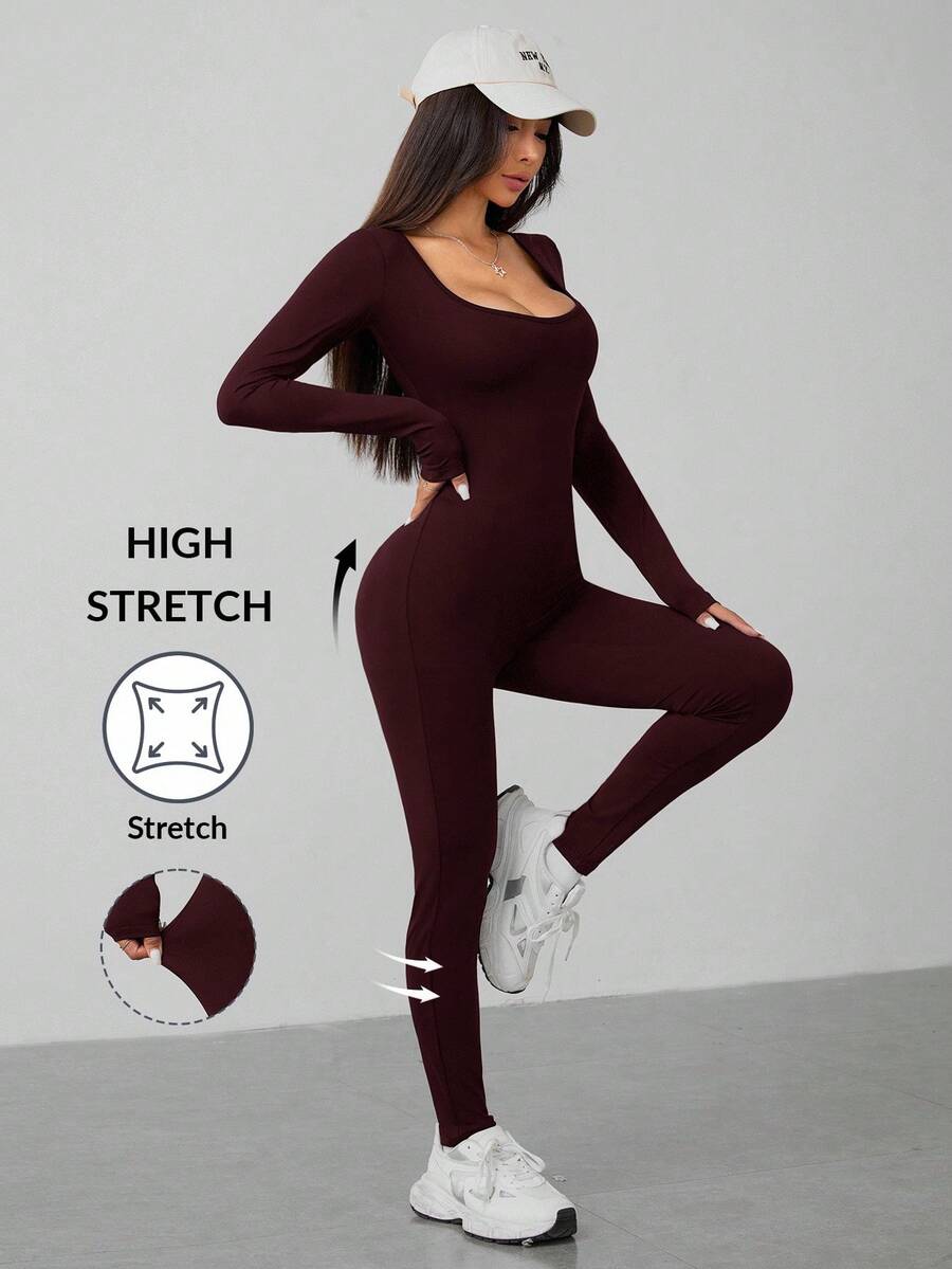 SHEIN PETITE Spring Scoop Neck Black Long Sleeve Bodysuit Jumpsuit - Red Violet - View 1