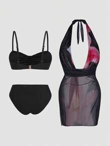 SHEIN Swim Vcay 2026新款夏季沙滩度假百合印花泳装三件套：浪漫优雅深V裹身连衣裙+比基尼套装，大码泳装 - 黑色 - 查看 2