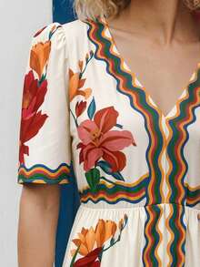 CAJUNI Short-Sleeve Dress Adorned With Watercolor Floral Prints - Multicolor - View 3