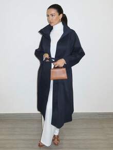 MDEdit Áo khoác dạ nữ tay dài màu trơn rộng rãi có thắt lưng, túi cài nút, áo khoác nữ, quần áo mùa thu cho nữ - Màu xanh hải quân - Xem 5