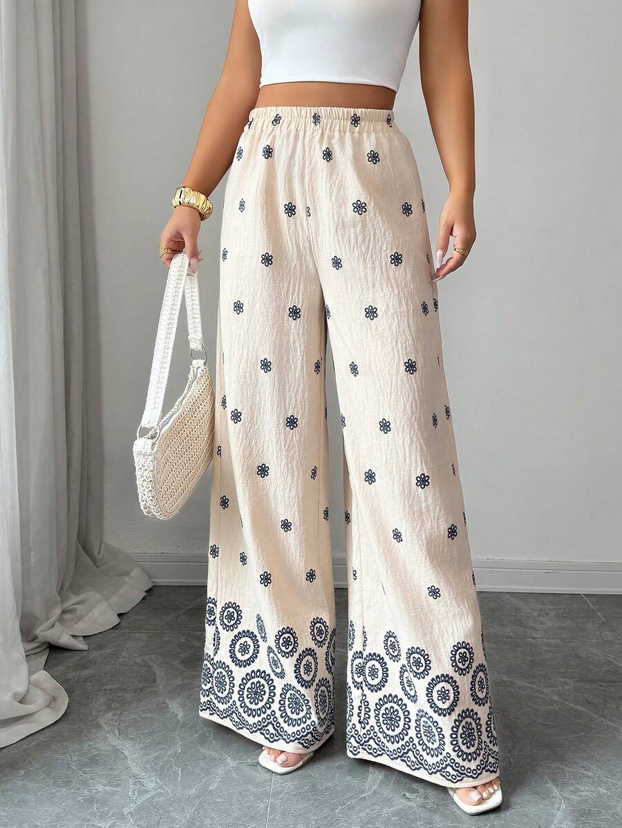 Elenzga Casual Elastic Waist Wide Leg Pants For Women, Spring/Summer - Apricot - View 1