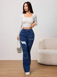 SHEIN PETITE Summer And Spring Women's Valentine Day Casual Denim Heart Appliques Embroidery Design Washed Distressed Flare Legs Jeans - Medium Wash - View 2