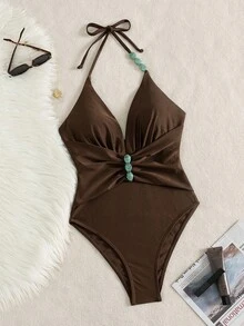 Bonvoyette 女款海灘珍珠棕深V領抽繩式一件式泳衣 - 棕色 - 查看 5