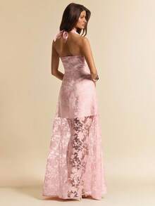 SHEIN BAE Đầm maxi dáng xòe, cổ chữ V sâu, màu hồng trơn, chất liệu có họa tiết, thích hợp làm trang phục dự tiệc cưới, dự tiệc trưa, dự sự kiện trang trọng, đầm hè, đầm hẹn hò, đầm dự tiệc sinh nhật, đầm đi nghỉ mát biển. - Màu Hồng baby - Xem 2