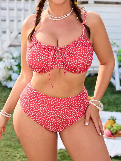 Swim Mod Plus Size Women Cute Ditsy Floral Ruffled Bandeau Adjustable Strap 2-Piece Swimsuit Set, Casual Beach Holiday