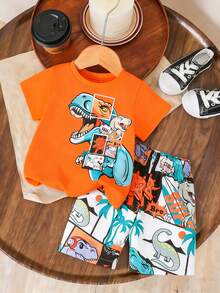 两件套幼儿男童休闲恐龙印花T恤短裤套装,春夏装,橙色底色搭配创意图案,舒适日常穿着 - 彩色 - 查看 4