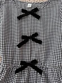 SHEIN Teen Girls Plaid Puff Sleeve Bow Tie Blouse, Fashionable & Versatile For Outings, Sister Photos, Park, Camping, Daily Wear, Party, Vacation - Black - View 4
