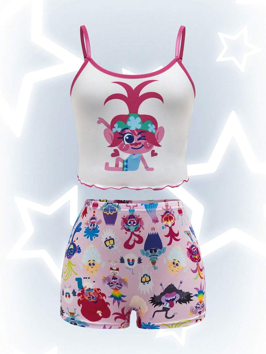 SHEIN Trolls Tween Girl Cute Cartoon Pattern Contrast Trim Lettuce Trim Cami Top And Boxy Briefs Bra And Panty Set - Pink - View 1