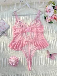 PetitDoll Plus Size Sexy & Sweet Lace Trim Mesh Jumpsuit - Pink - View 7