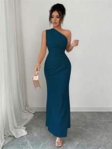 Elenzga 无袖斜肩收腰优雅浪漫数码印花女式连衣裙 - 水鴨藍 - 查看 6