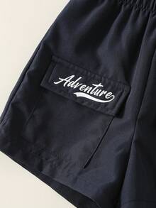 SHEIN 2件套男婴幼儿海军蓝条纹拼接撞色短袖梭织衬衫和工装短裤套装，春夏男婴服装，套装，男婴短袖上衣 - 藏蓝色 - 查看 5