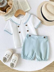 SHEIN Playful Pals 2件組男嬰藍白條紋夏季休閒生日 Polo 領鈕扣襯衫與短褲紳士套裝，適用於婚禮與洗禮 - 彩色 - 查看 12