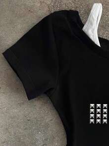 Glimmora Áo thun ngắn tay nữ kiểu dáng thường ngày, họa tiết đan chéo, đa năng, phù hợp mặc hàng ngày. - màu đen - Xem 4