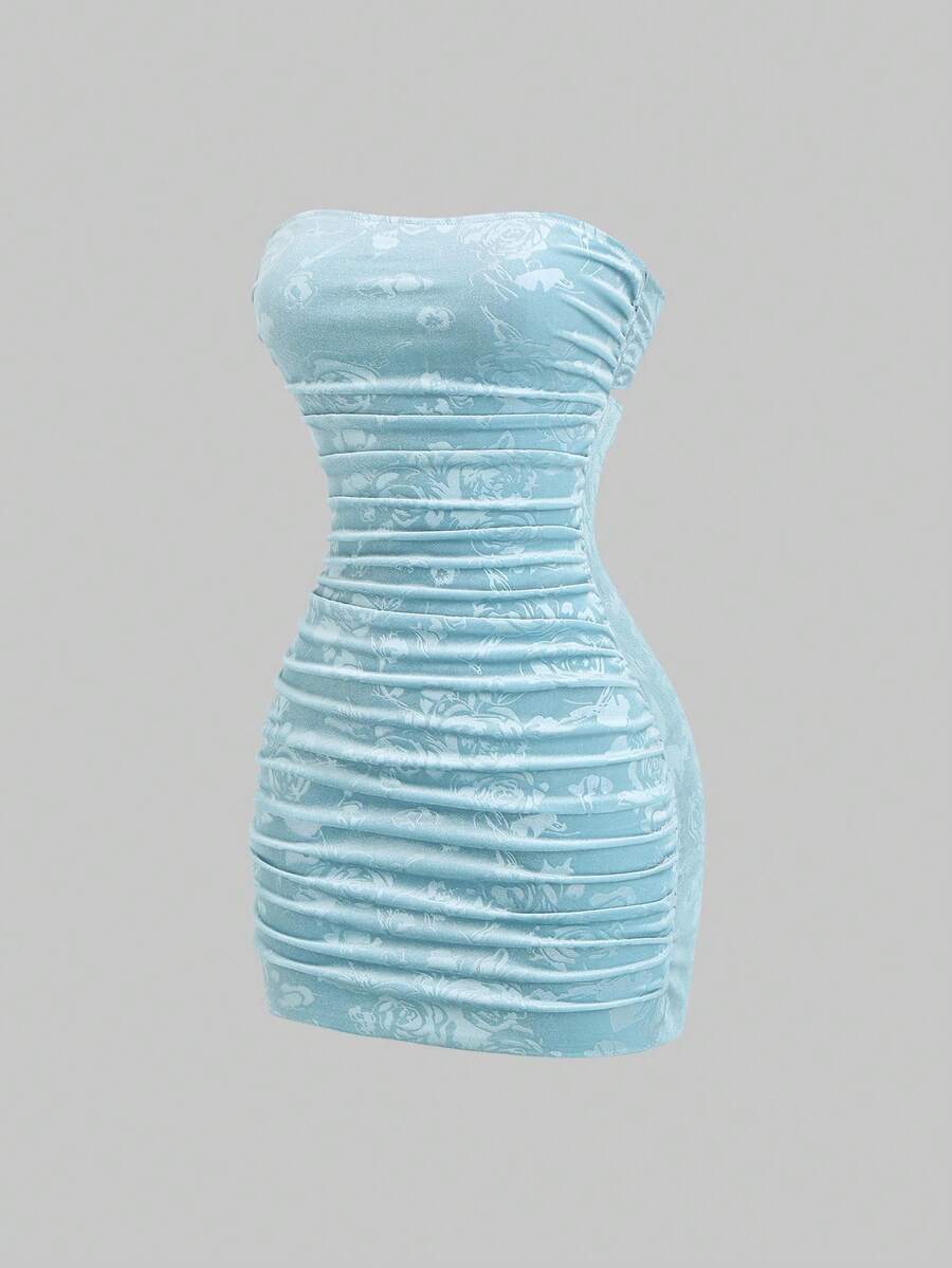 Sweetra 秋冬复古丝绒酒红色压花无肩带性感紧身迷你连衣裙（女款） - 藍色 - 查看 1