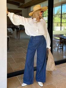 SHEIN Pregnant Women's Casual Everyday Loose Fit Pocket Denim Wide Leg Pants Spring To Summer Valentine's Day Carnival Costume Commuting Vacation Graduation Chic Y2k Cute Streetwear Party Wedding Elegant Business Casual Woman Women Wide Leg Jeans Pull On Elastic Waist Denim Pants With Pockets - Blue - View 2