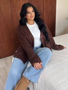 Dayanna Comas 超大款粗针织开衫上衣，优雅春假可爱性感，90年代复古风，适合春夏、机场、秋季、夜间外出、秋冬日常穿着，圣诞节、工作、感恩节等场合皆宜。 - 巧克力棕 - 查看 6