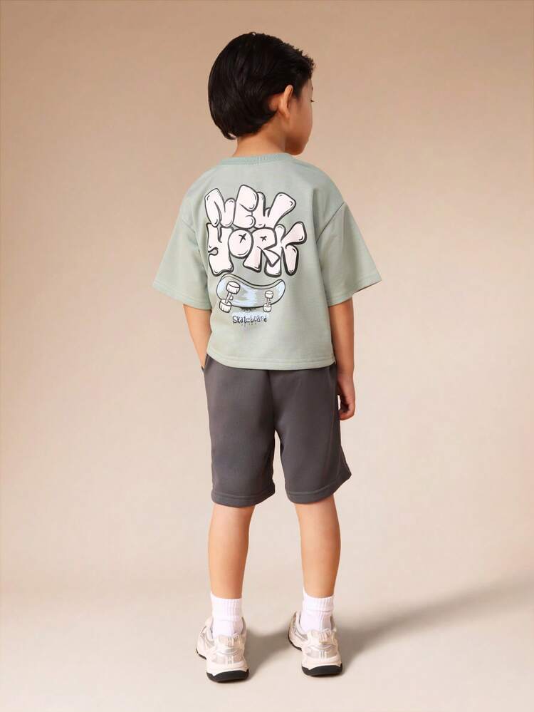 Short Sleeve Tee And Shorts Set With Skateboard Print