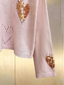 Chiquease 女士春夏薄款针织套头毛衣，适合派对/约会/休闲/优雅场合，百搭纯色，船领，落肩设计，宽松版型，长袖，高端休闲，重工心形亮片镂空针织套头毛衣；粉色上衣；适合情人节、度假等场合；闪亮亮片上衣，心形图案，约会、可爱、度假风粉色亮片上衣，粉色毛衣，女士毛衣，女士毛衣上衣 - 粉色 - 查看 4