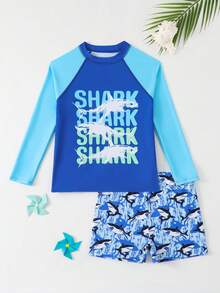 8-12 Years Old Boys' Shark Print Long Sleeve Swimsuit, Student Swimming Suit, Beach Vacation Surfing Stylish Ocean Theme Swimwear Set - Multicolor - View 3