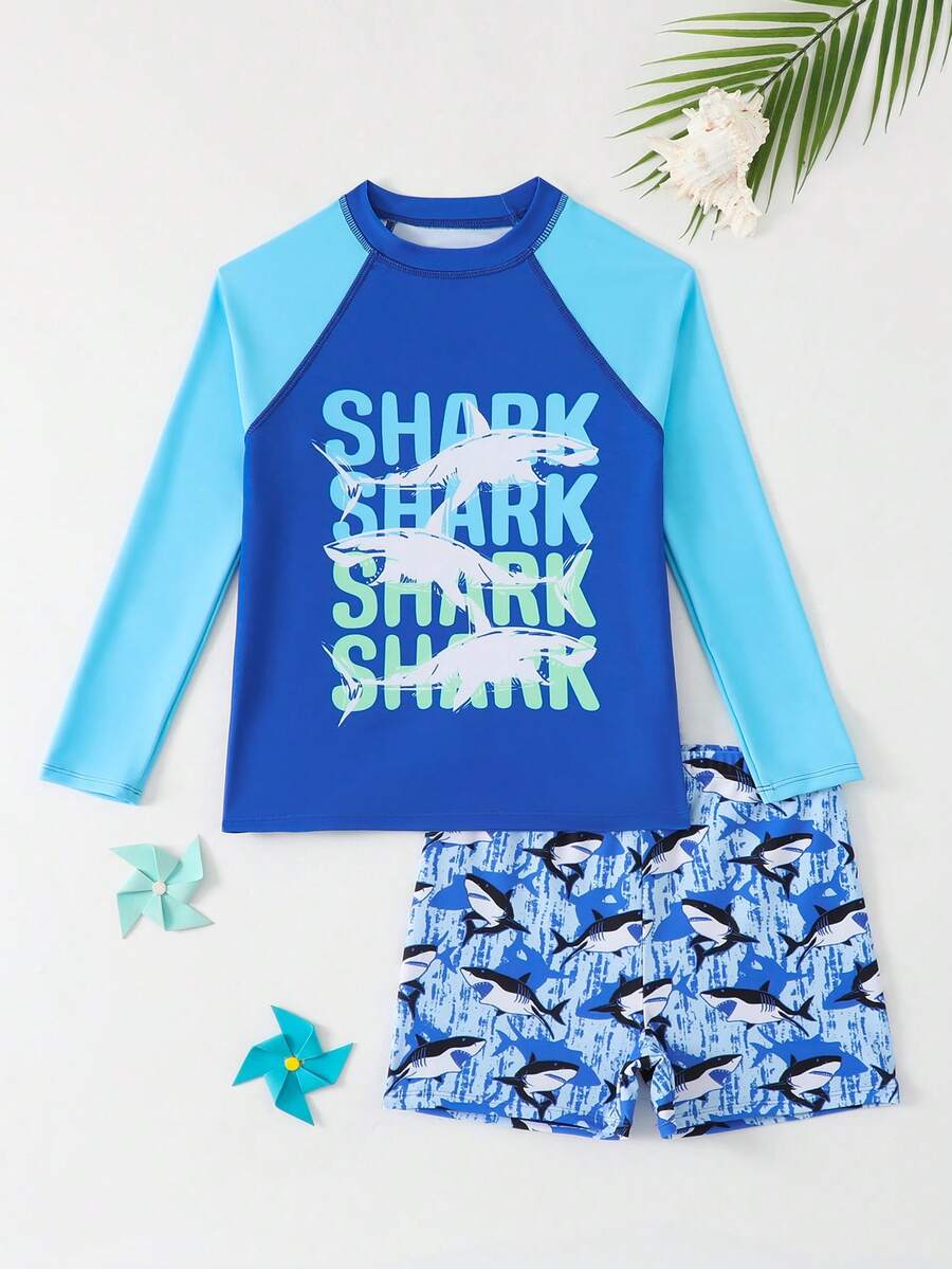 8-12 Years Old Boys' Shark Print Long Sleeve Swimsuit, Student Swimming Suit, Beach Vacation Surfing Stylish Ocean Theme Swimwear Set - Multicolor - View 1