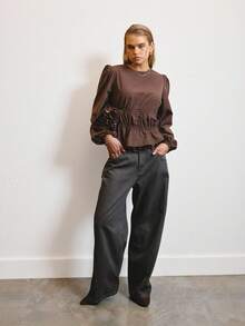 SHEIN Aralina-E Textured Lightweight Woven Fabric Elastic Waist Puff Sleeve Relaxed Fit Everyday Casual Top - Coffee Brown - View 6