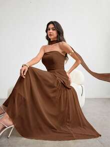 Modelyn 女士不对称荷叶边下摆无袖连衣裙，配围巾领，优雅迷人，春夏款 - 棕色 - 查看 7