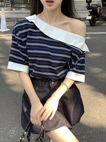 DAZY Women's Contrast Stripe Asymmetric-Shoulder Short Sleeve Casual Street Style T-Shirt - Blue - View 10