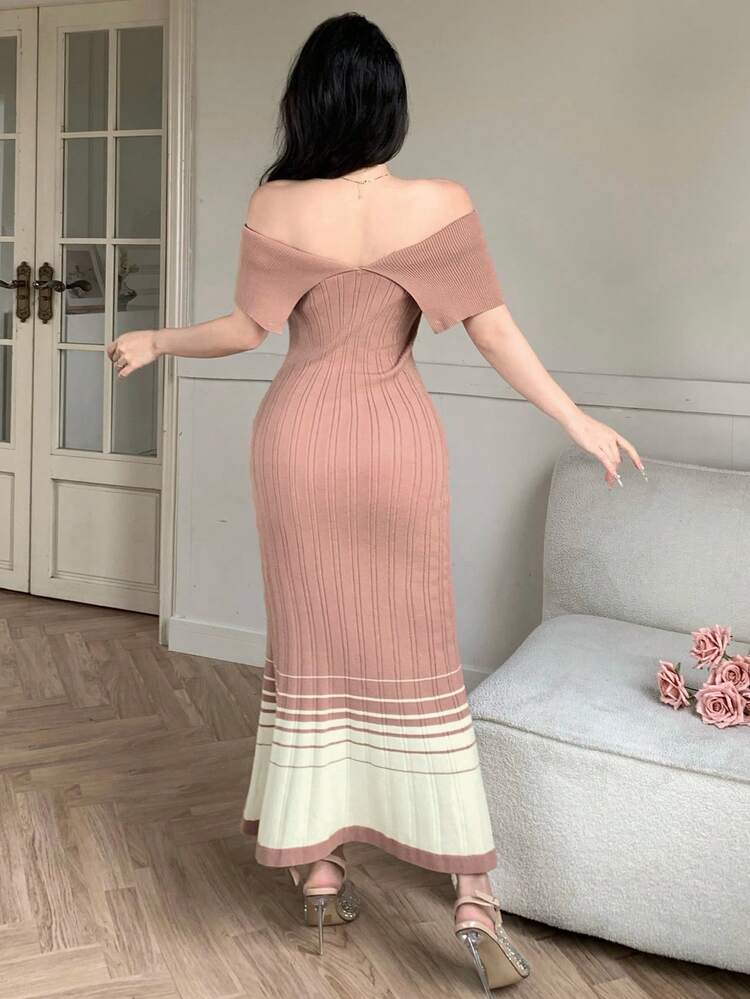 Women's Elegant Colorblock Striped Collar Knit Dress, Summer, Wedding Guest Dress Women Dress Off The Shoulder