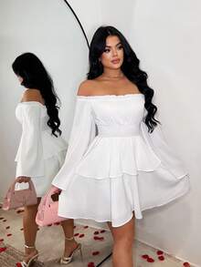 SHEIN SXY Vestido de línea A con volantes en los hombros, mangas acampanadas y dobladillo con capas de unicolor para mujer - Blanco - Ver 3
