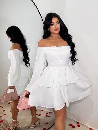 SHEIN SXY Women's Solid Color Frill Trim Off-Shoulder Flare Sleeve Layered Hem A-Line Dress ,White ,Valentine's Day ,Birthday Dress ,Party ,Spring ,Summer