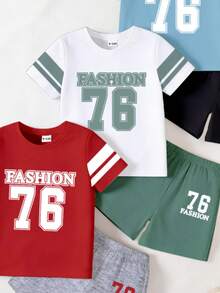 SHEIN GraphicGems 6件套 4-7岁男童运动休闲套装，数码印花撞色圆领短袖上衣+撞色短裤，轻便休闲帅气日常夏季短裤套装，红/白/蓝 - 彩色 - 查看 6