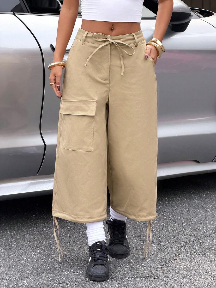 Muchica 女士休闲宽松低腰七分裤，夏季 - 卡其色 - 查看 1