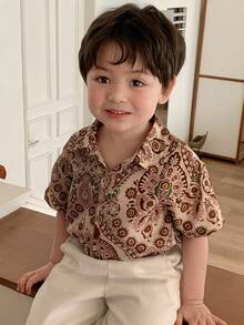 DAZY Toddler Boys' Allover Print Casual Turndown Collar Short Sleeve Vacation Top, Spring/Summer - Coffee Brown - View 7