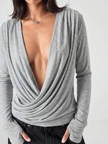 LYSMO 女士纯色深V领性感长袖上衣 - 淺灰色 - 查看 6