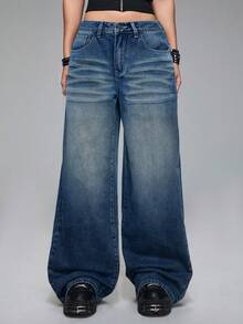 ROMWE Grunge Punk Quần jeans nữ ống rộng cạp thấp rách rưới, thêu chữ và chữ thập phong cách Y2K Chidery. - Màu xanh lam - Xem 4