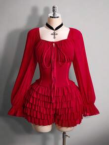 SHEIN ICON Bộ đồ đôi cỡ lớn phong cách Y2K gợi cảm gồm áo lưới cổ vuông nhún bèo tay phồng và quần short mini xếp tầng, màu đỏ rượu vang, thích hợp cho buổi hẹn hò ngày Valentine. - Màu Đỏ Sâu - Xem 3