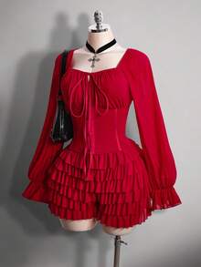 SHEIN ICON Bộ đồ đôi cỡ lớn phong cách Y2K gợi cảm gồm áo lưới cổ vuông nhún bèo tay phồng và quần short mini xếp tầng, màu đỏ rượu vang, thích hợp cho buổi hẹn hò ngày Valentine. - Màu Đỏ Sâu - Xem 4
