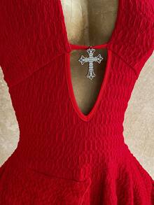 Soleia 性感V领交叉装饰镂空露背吊带纹理面料多层不规则下摆迷你连衣裙，适合派对、圣诞节、约会、夜店、海滩、邮轮、下午茶、波西米亚风、度假、秋季女装、复古风 - 紅色 - 查看 4