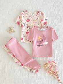 4pcs Baby Girls' Minimalist Cute Pink & Beige Star, Moon, Cloud Print Elastic Rib Knit Crew Neck Short Sleeve Top And Pants Snug Fit Pajama Set - Pink - View 1