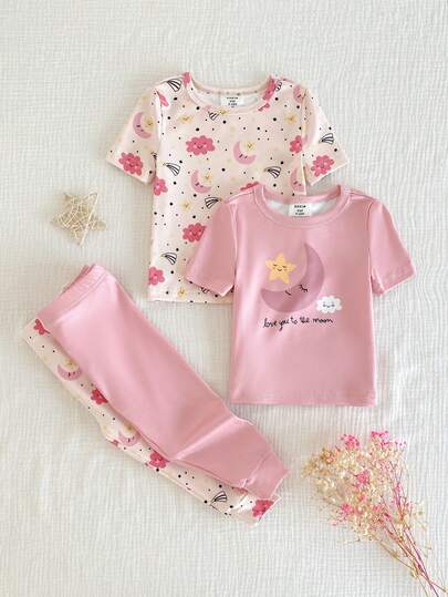 4pcs Baby Girls' Minimalist Cute Pink & Beige Star, Moon, Cloud Print Elastic Rib Knit Crew Neck Short Sleeve Top And Pants Snug Fit Pajama Set
