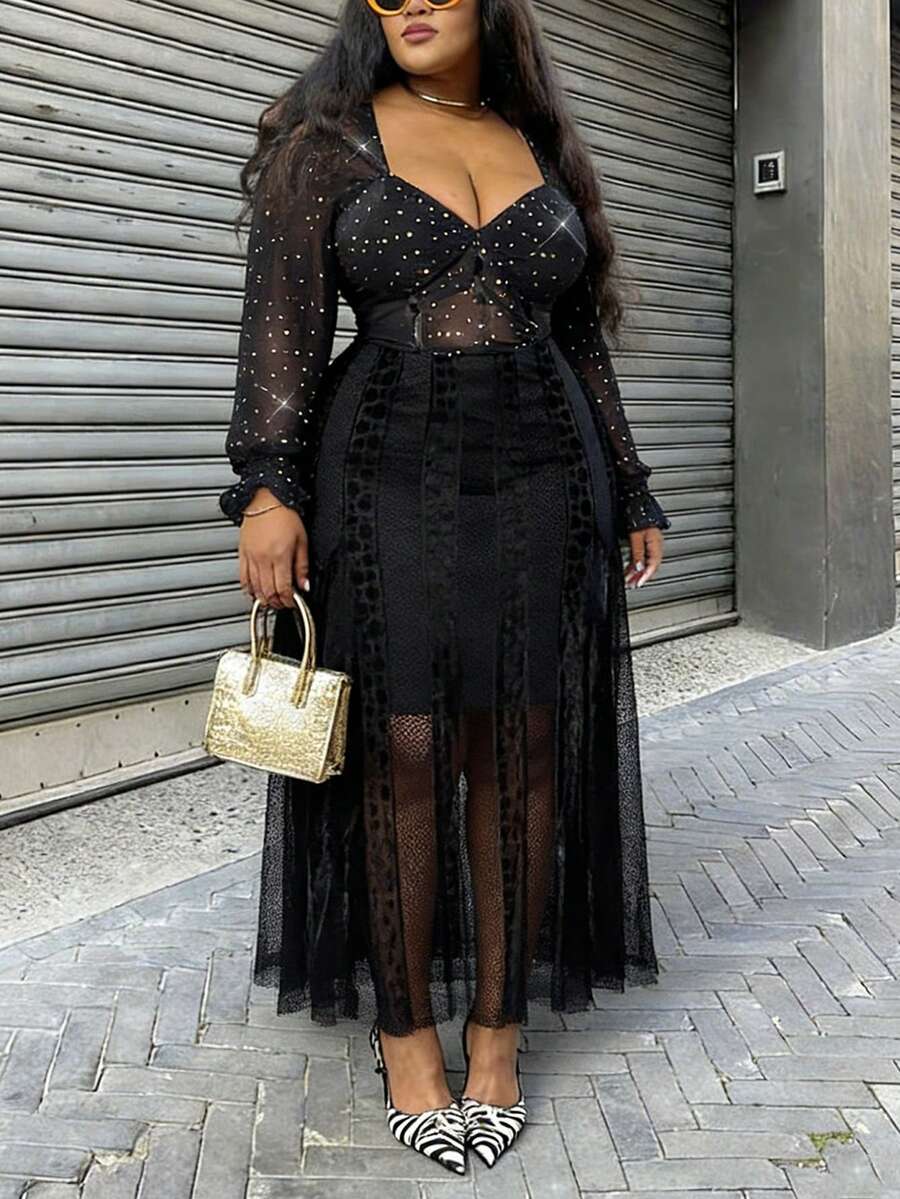 Slaydiva 2025秋冬大码女装连衣裙，黑色薄纱蕾丝拼接修身连衣裙，优雅适合音乐节、婚礼宾客、约会之夜、派对、正式场合。