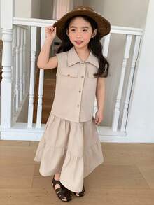 DAZY 2pcs Young Girls Solid Color Pleated Collar Sleeveless Shirt And Skirt Set - Khaki - View 3