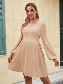 SHEIN Maternity Sweater Dress, Fitted Style, Pearl Decor Design, Casual Elegant For Daily Wear And Dates, Solid Color Long Sleeve Maternity Sweater Dress - Khaki - View 1