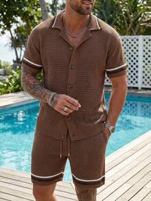 Manfinity KASUA Men's Contrast Stripe Short Sleeve Hollow Out Knit Top And Shorts Set,Summer Crochet Men S Short Set Men Vacation Short Sets Men Two Piece Casual Short Sets Knitted Two Piece Outfit Men Men 2 Piece Set Knit Two Piece Set Men Men Crochet Set Mens Matching Set Brown Sets For Men - Brown - View 2