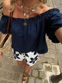 Selianne Women's Off Shoulder Blouse And Printed Shorts 2-Piece Set, Casual Holiday Outfit - Blue and White - View 1