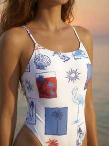 CAJUNI Women's Summer Vacation Beach Coconut Tree Print Spaghetti Strap One-Piece Swimsuit - White - View 1