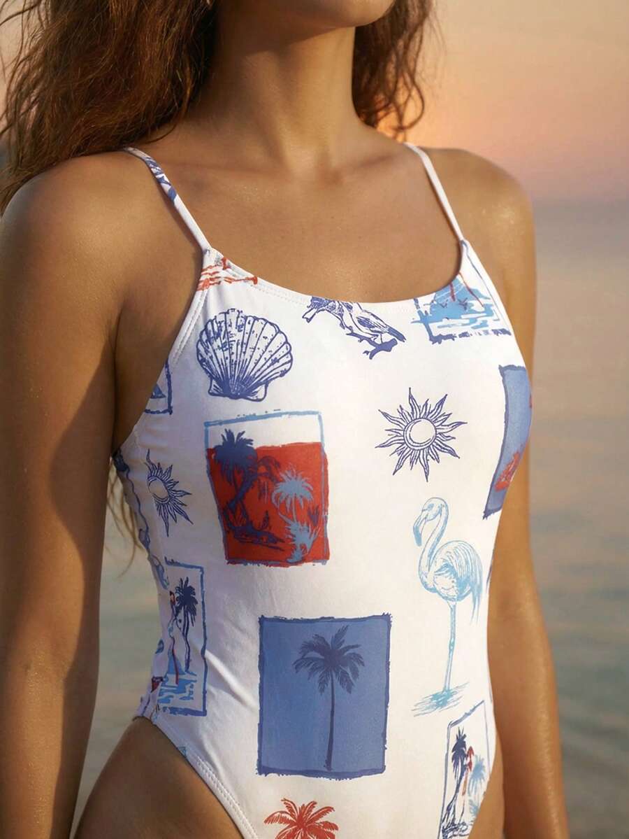 CAJUNI Women's Summer Vacation Beach Coconut Tree Print Spaghetti Strap One-Piece Swimsuit - White - View 1