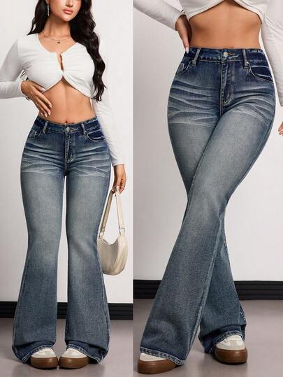 SHEIN Tall Jeans de campana de cintura alta con lavado casual de verano y primavera para mujeres altas, estilo Y2K